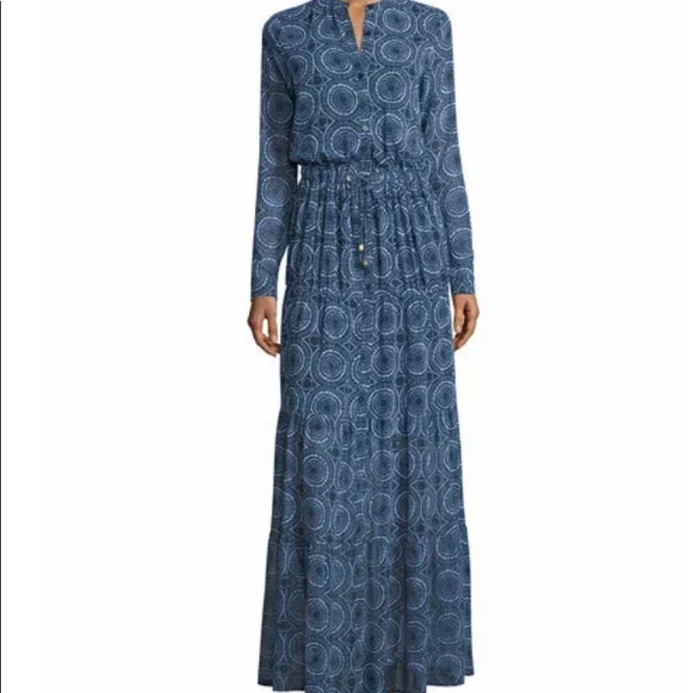 Michael Kors Blue Miura Print Tiered Long Sleeve Maxi Dress